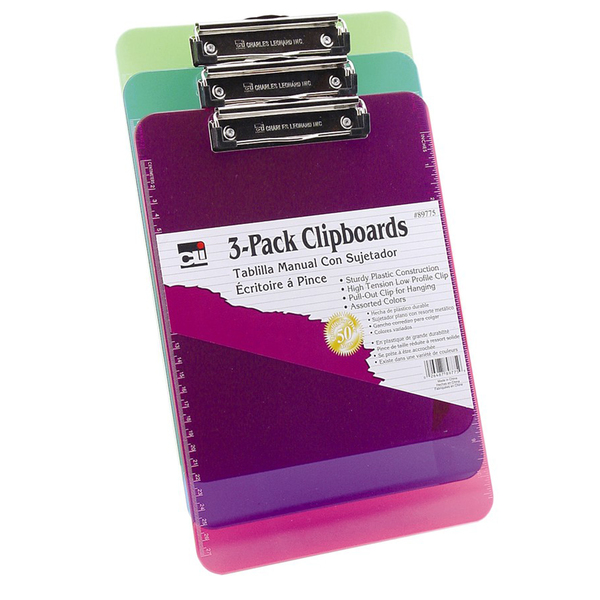 Charles Leonard Plastic Clipboard w/Low Profile Clip, Letter, Assorted, PK 3 89775